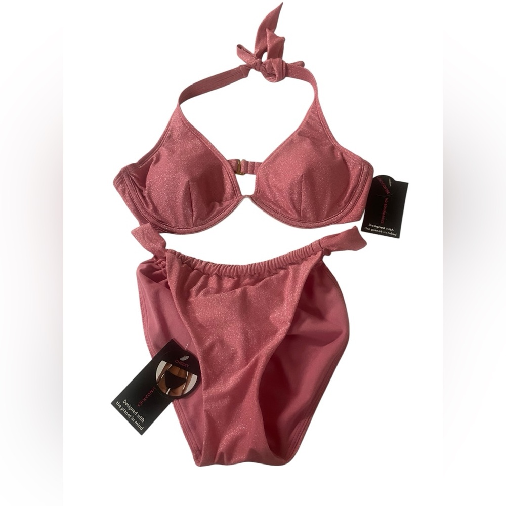 NWT No Boundaries Juniors Pink/Plumeria Shimmer Bikini Set Medium (7-9)‎